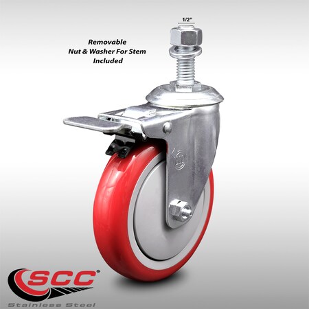 Service Caster 5 Inch SS Red Polyurethane 1/2 Inch Threaded Stem Caster with Total Lock Brake SCC-SSTSTTL20S514-PPUB-RED-121315